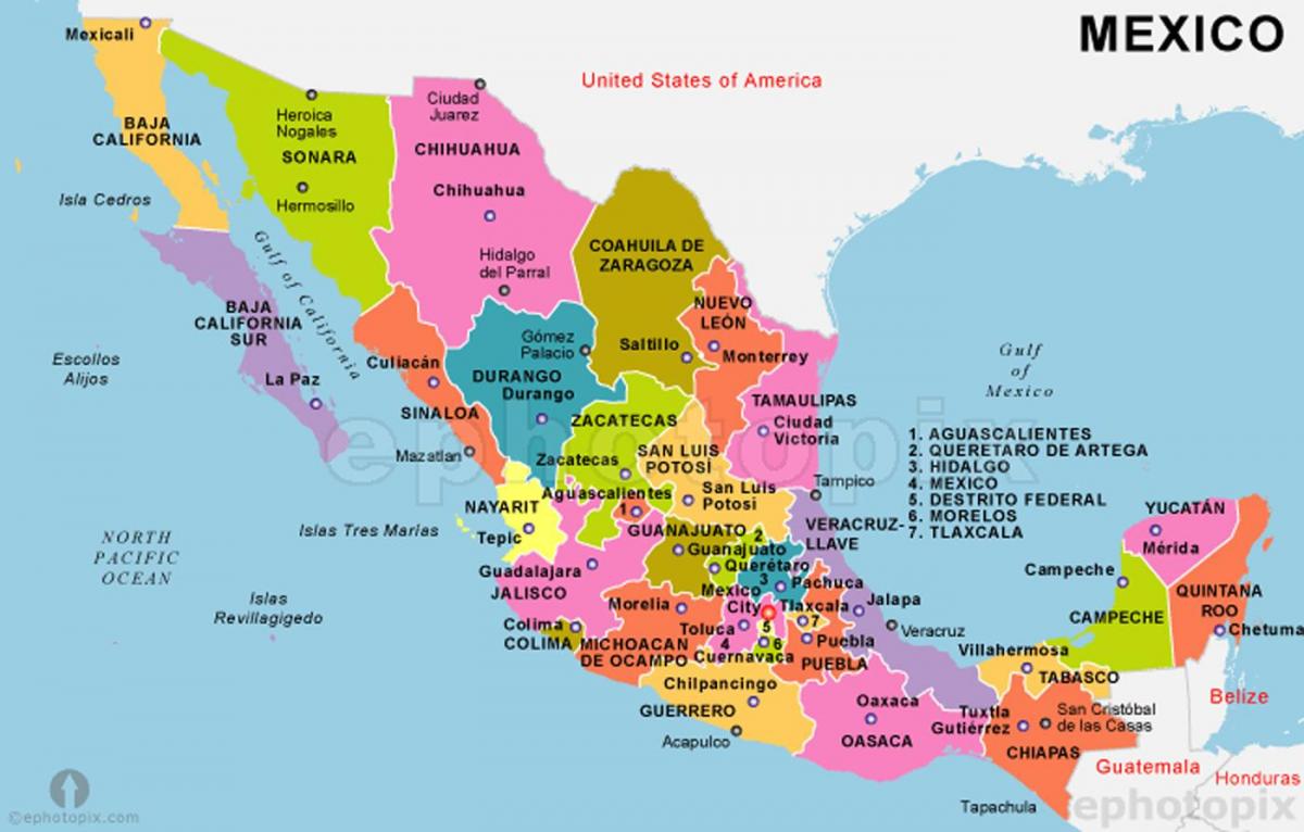 Meksik kat jeyografik ak eta yo ak kapital yo